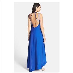 BCBG MaxAzria blue high low silk maxi dress